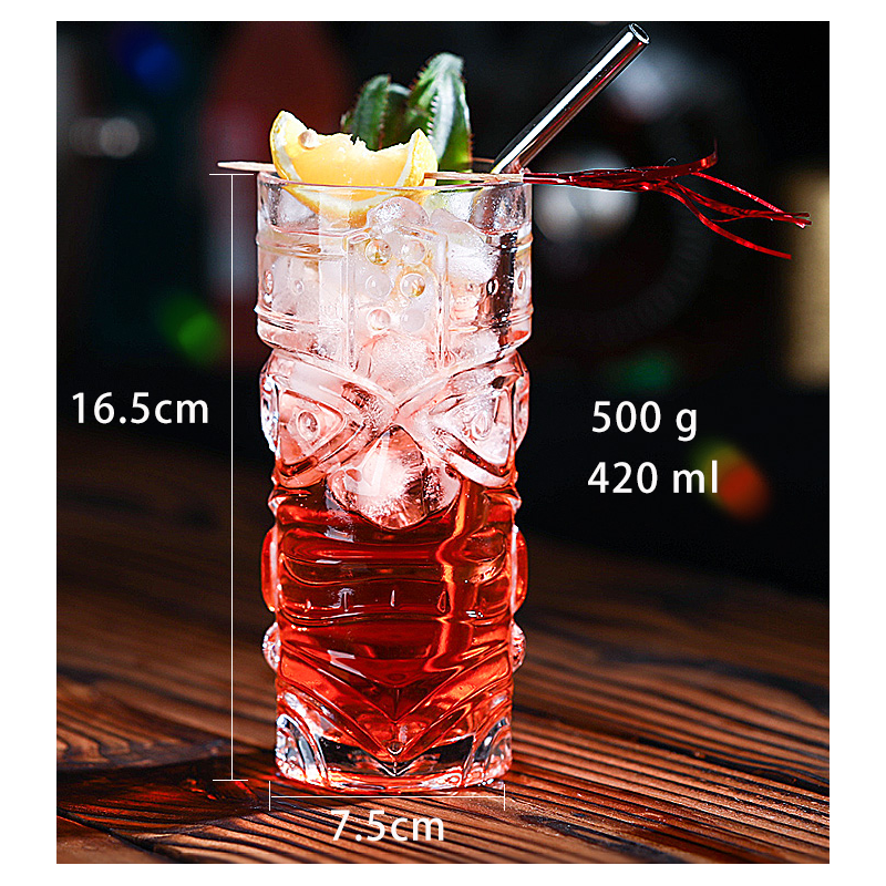 Classic 420ml glass tiki mug for tropical cocktails – heat-resistant, durable, and perfect for bar, hotel, or home use.